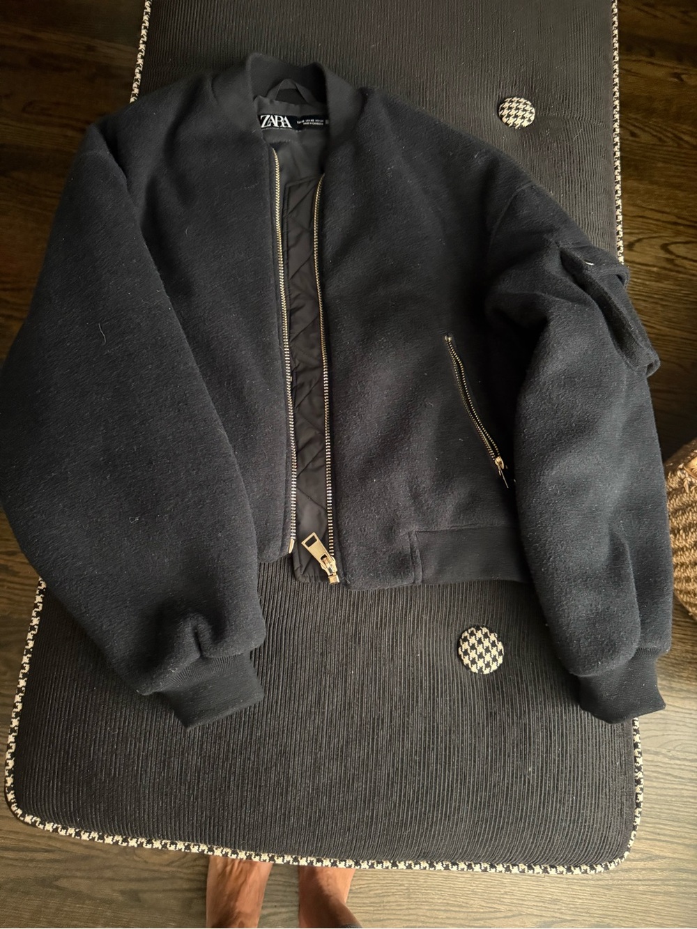 Zara Black Women's Bomber Jacket with Gold Zippers